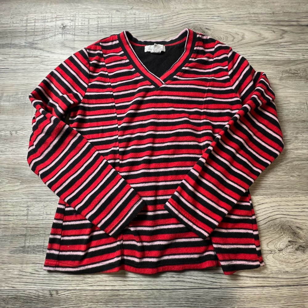 Intimate Essentials Fleece Top Womens Small Red Black Pink Striped V-Neck AD91